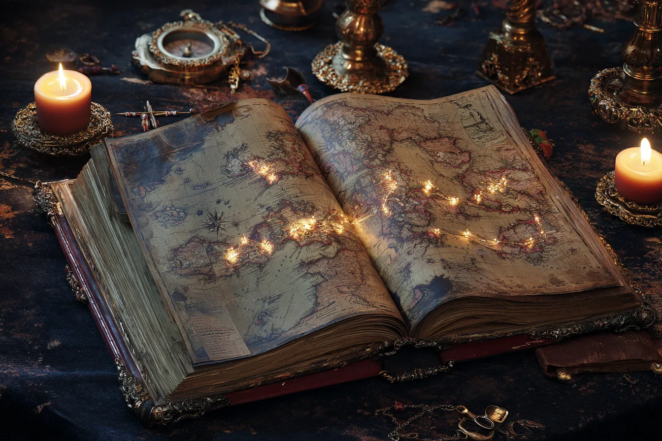 Meridian — an open weathered logbook of world maps on a candlelit table, a glowing golden voyage route threading across the pages, compass and sextant nearby