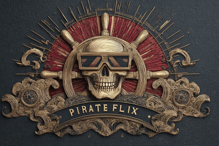 PirateFlix crest — a gilded skull in a ship's wheel