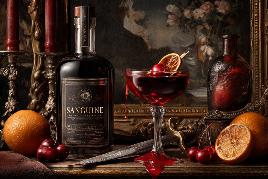 Sanguine Spirits — a blood-red cocktail beside a dark bottle