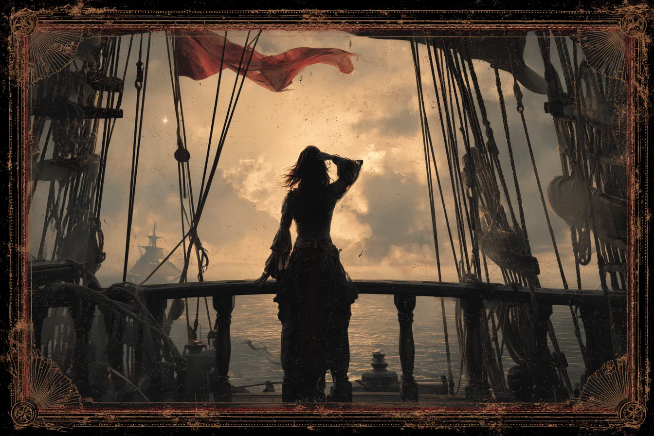 Scout — a lone lookout on a ship's deck, hand shading their eyes toward the horizon amid the rigging, a red pennant overhead, framed by an ornate distressed border