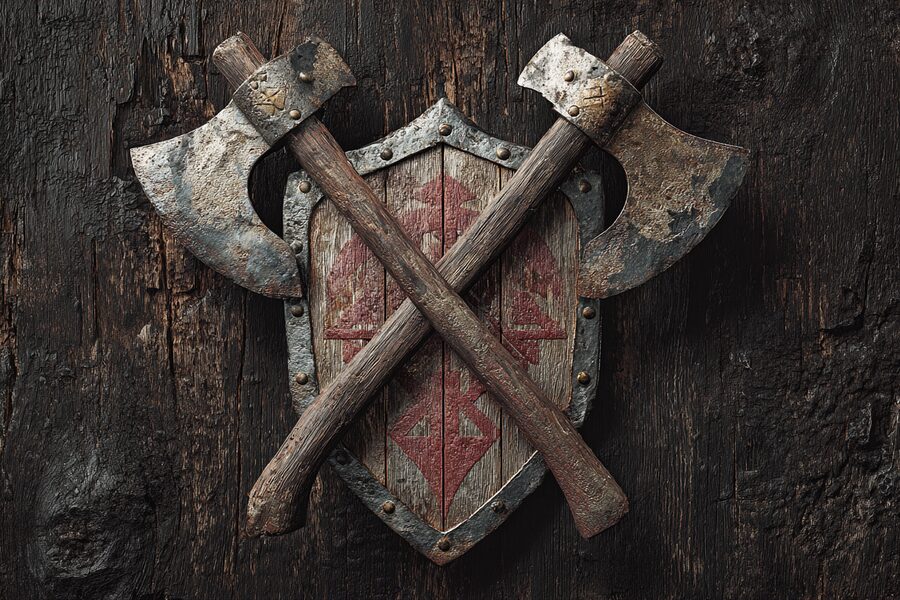 TribalWars — crossed axes over a weathered clan shield